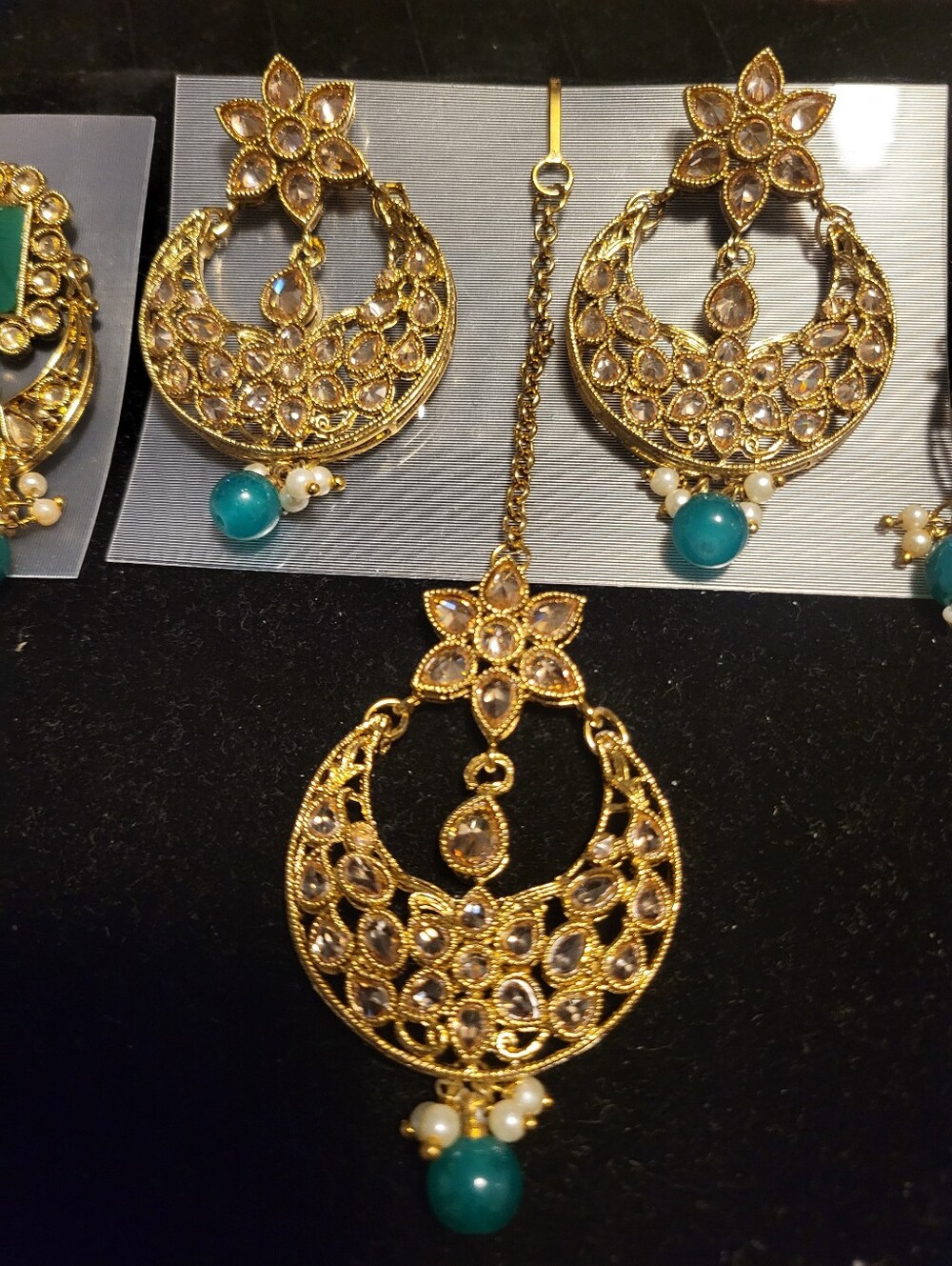 Gold and Teal Filigree Statement Earrings and Maang Tikka - Women Jewelry